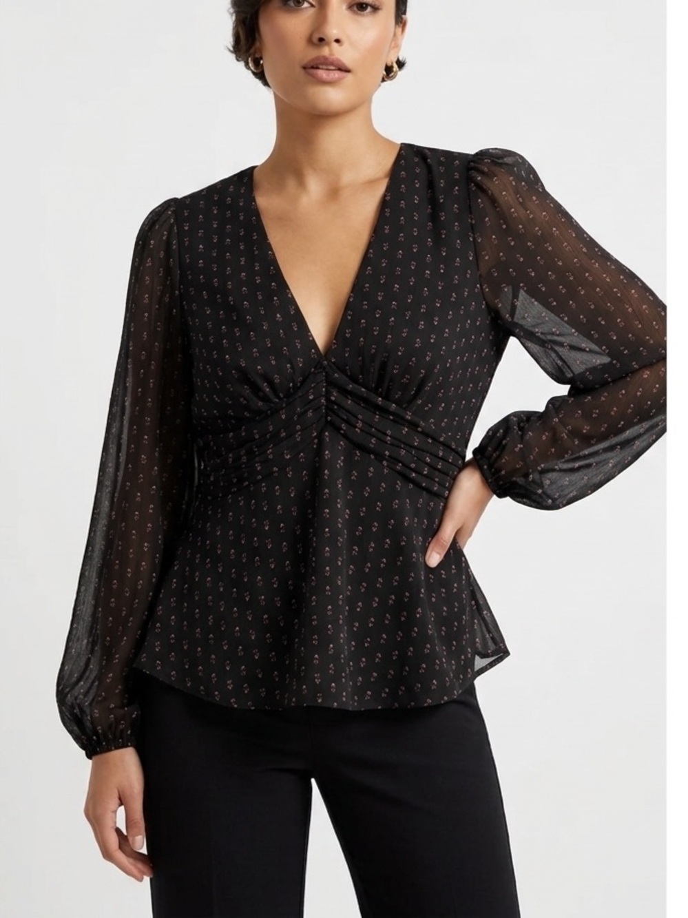 Pleione Black Sheer Printed V-Neck Wrap Blouse - XS